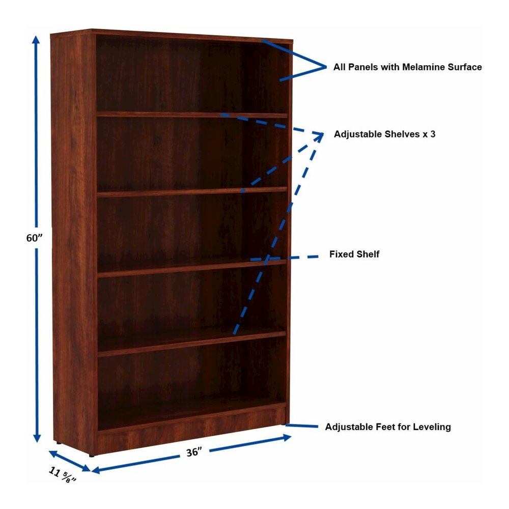 Lorell Laminate Bookcase - 0.7" Thickness Shelf, 60" Height x 36" Width x 12" Depth - 5 Shelve(s) - 4 Adjustable Shelf(ves) - Square Edge - Material: Thermofused Laminate (TFL) - Finish: Cherry - 1 Ea. Picture 2