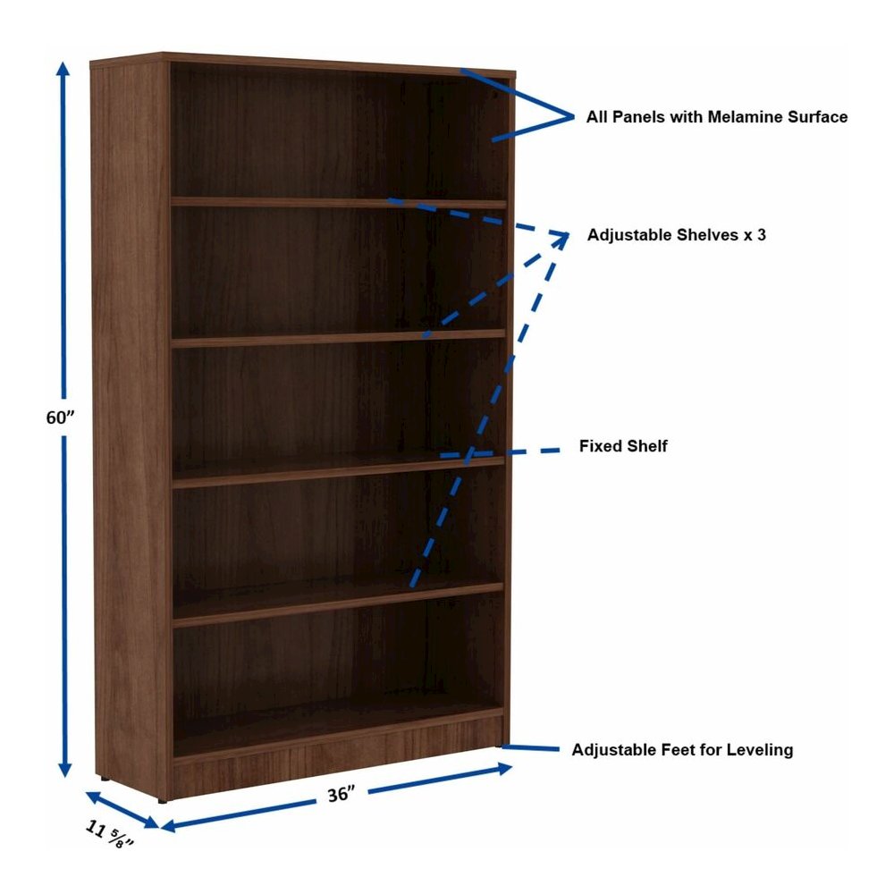 Lorell Laminate Bookcase - 0.7" Thickness Shelf, 60" Height x 36" Width x 12" Depth - 5 Shelve(s) - 4 Adjustable Shelf(ves) - Square Edge - Material: Thermofused Laminate (TFL) - Finish: Walnut - 1 Ea. Picture 3