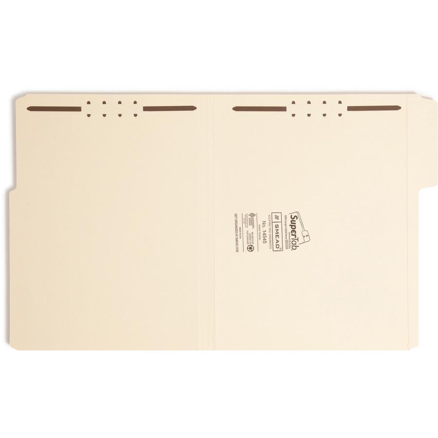 Smead SuperTab 1/3 Tab Cut Letter Recycled Fastener Folder - 8 1/2" x 11" - 2 x Prong K Style Fastener(s) - 2" Fastener Capacity - Top Tab Location - Assorted Position Tab Position - Manila - 10% Recy. Picture 9