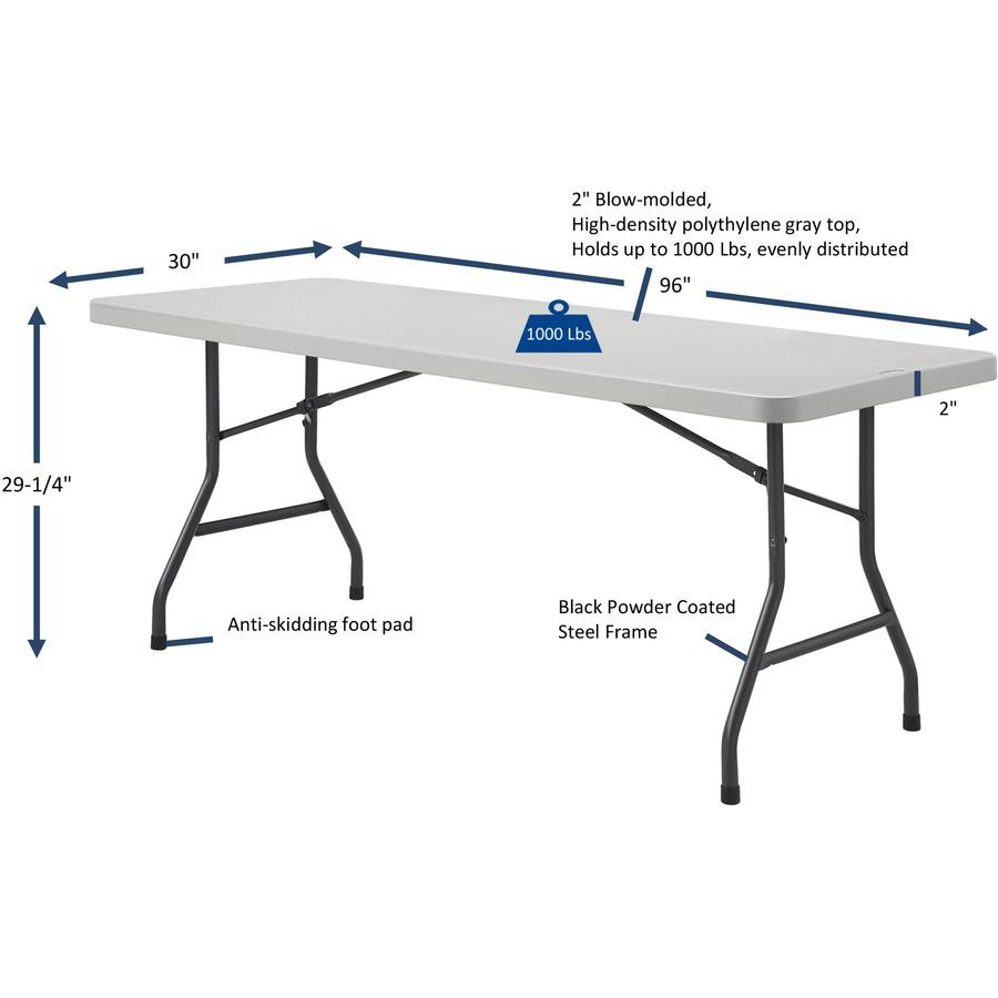 Lorell Extra-Capacity Ultra-Lite Folding Table - Light Gray Top - Dark Gray Base - 750 lb Capacity - 96" Table Top Width x 30" Table Top Depth - 29.25" Height - Gray - High-density Polyethylene (HDPE). Picture 11