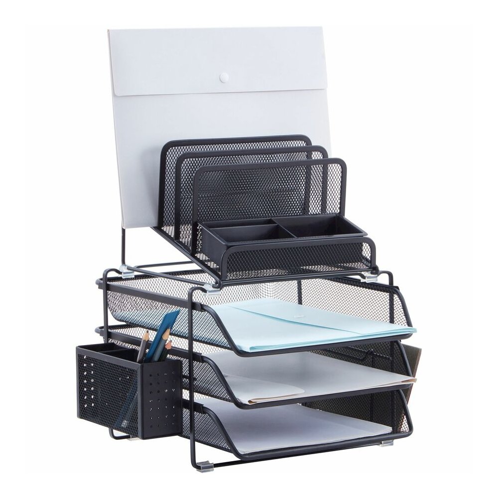Lorell Divided 4-tier Desktop Organizer - 4 Tier(s) - 15.75" Height x 12.87" Width x 14.37" Depth - Desktop - Black - Plastic, Mesh - 1 Each. Picture 4
