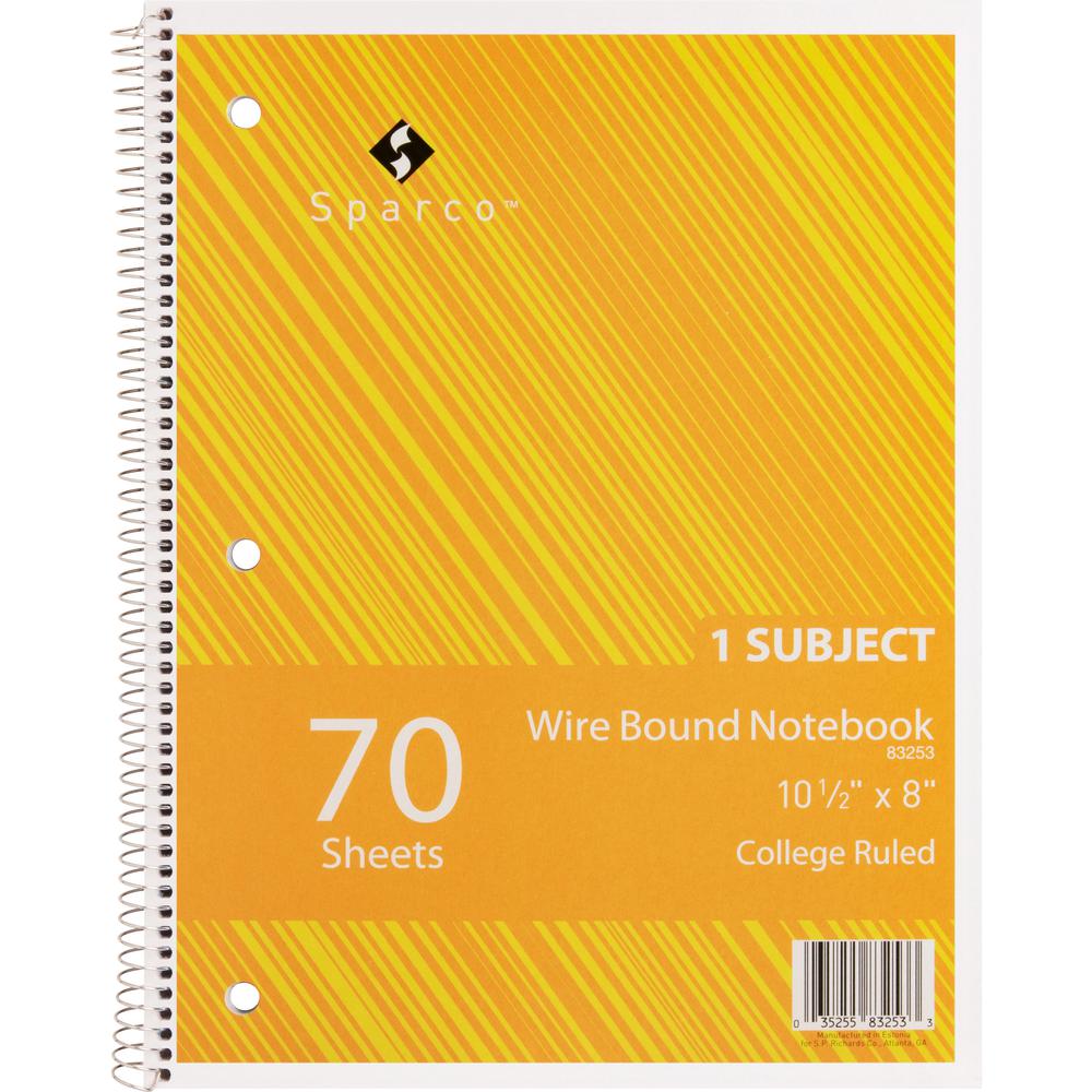 Sparco Wirebound Notebooks - 70 Sheets - Wire Bound - College Ruled Front Ruling - Unruled Margin - 16 lb Basis Weight - 8" x 10 1/2" Sheet Size - Assorted Chipboard Cover - Subject, Stiff-cover, Stif. Picture 3