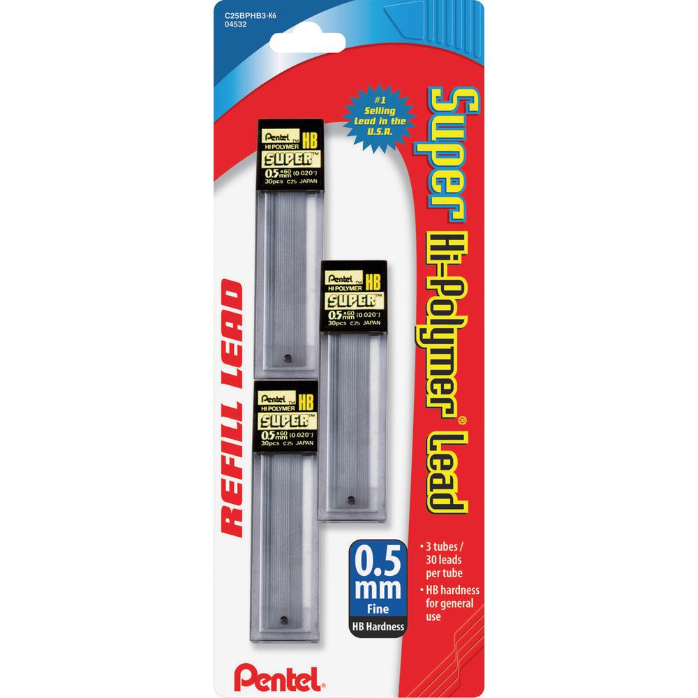 Pentel Super Hi-Polymer Leads - 0.5 mm , Fine Point - HB - Graphite Lead - 30/Tube - 12 / Box. Picture 2