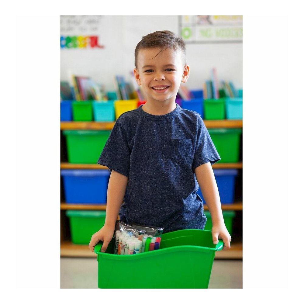 Storex Storex Multiuse Bins Blue 6/pkg - 7" Height x 5.30" Width x 14.30" Length - Sturdy, Handle, Drop Resistant, Interlockable - Blue - Plastic - 6 / Carton. Picture 3