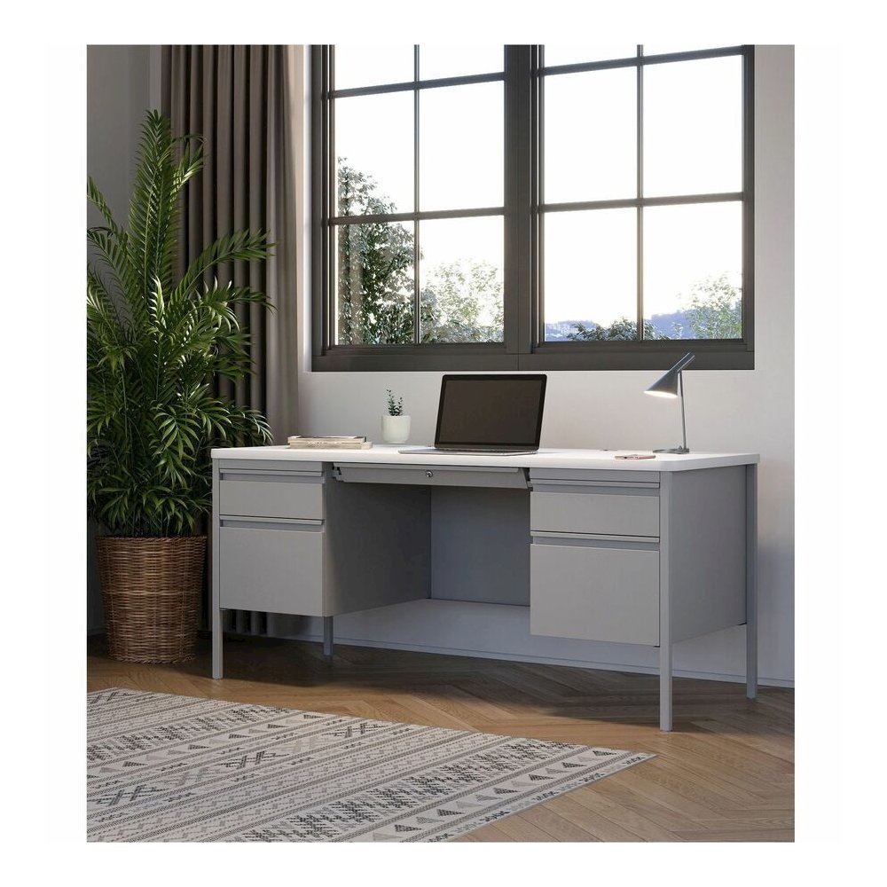 Lorell Fortress Series Double-Pedestal Teachers Desk - 29.5" Height x 60" Width x 30" Depth - Double Pedestal - T-mold Edge - Material: Steel - Finish: Gray - 1 Each. Picture 5