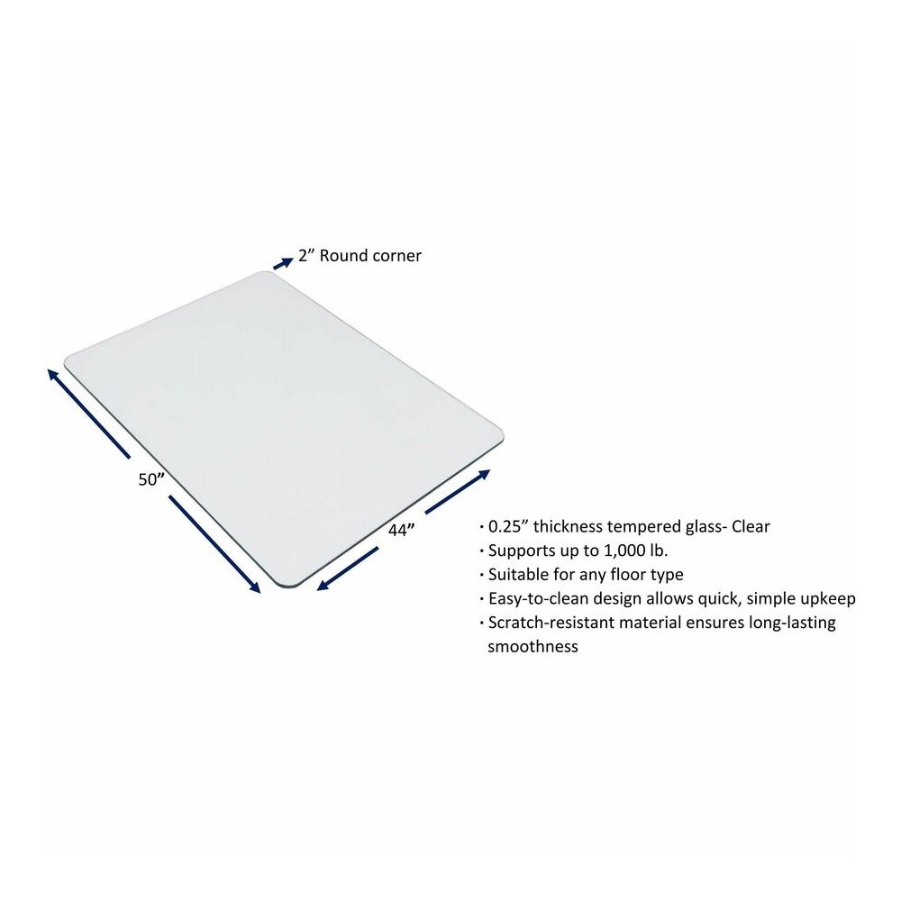 Lorell Tempered Glass Chairmat - Carpet, Hardwood Floor, Marble - 50" Length x 44" Width x 0.250" Thickness - Rectangular - Tempered Glass - Clear - 1 Each. Picture 2