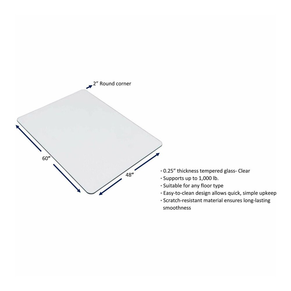 Lorell Tempered Glass Chairmat - Carpet, Hardwood Floor, Marble, Hard Floor - 60" Length x 48" Width x 0.250" Thickness - Rectangular - Tempered Glass - Clear - 1 Each. Picture 2