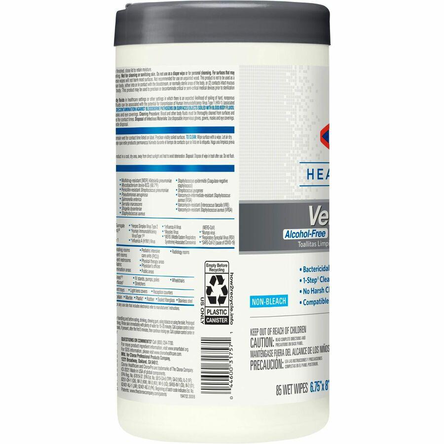 Clorox Healthcare VersaSure Cleaner Disinfectant Wipes - 8" Length x 6.75" Width - 85 / Canister - 1 Each - Disinfectant, Durable, Alcohol-free, Chemical-free, Fragrance-free, Fume-free, Bleach-free, . Picture 14