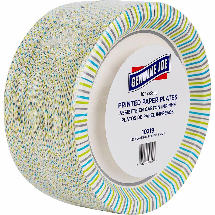 Genuine Joe 10" Printed Paper Plates - Disposable - 10" Diameter - Assorted - 125/Pack - 4 / Carton. Picture 10