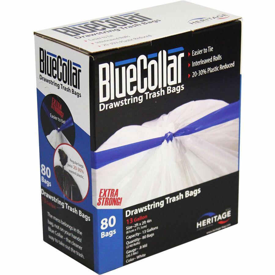 BlueCollar 13-gallon Drawstring Trash Bags - 13 gal Capacity - 28" Length x 24" Width x 0.80 mil (20 Micron) Thickness - Drawstring Closure - White - Garbage - 80/Box - 6 / Carton. Picture 3