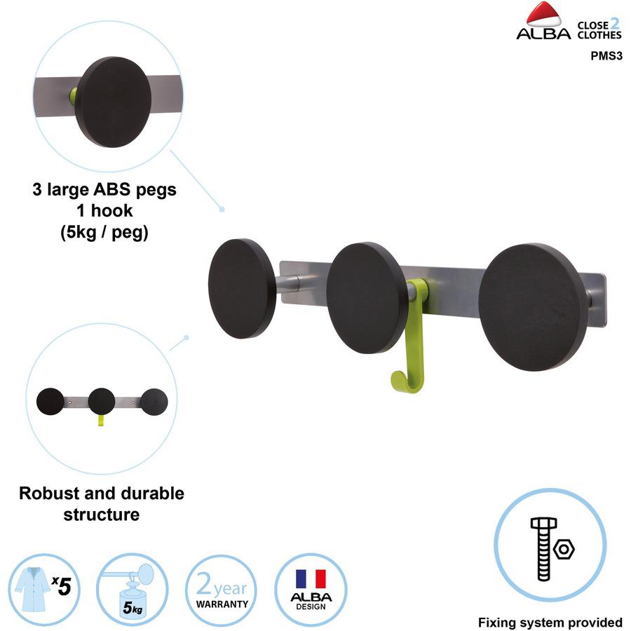 Alba Triple Metal Wall Coat Peg - 3 Hooks - 66.14 lb (30 kg) Capacity - 1.4" Height x 4.3" Width - for Coat, Clothes - Metal - Silver, Black, Metallic Gray - Powder Coated - 1 Each. Picture 5