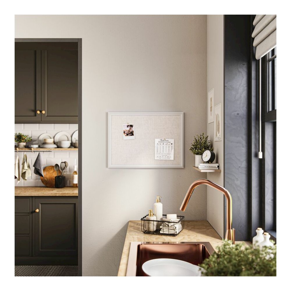 U Brands Linen Bulletin Board - 17" Board Height x 23" Board Width - Tan Cork Surface - Self-healing, Durable, Mounting System - White Wood Frame - 1 Each. Picture 4