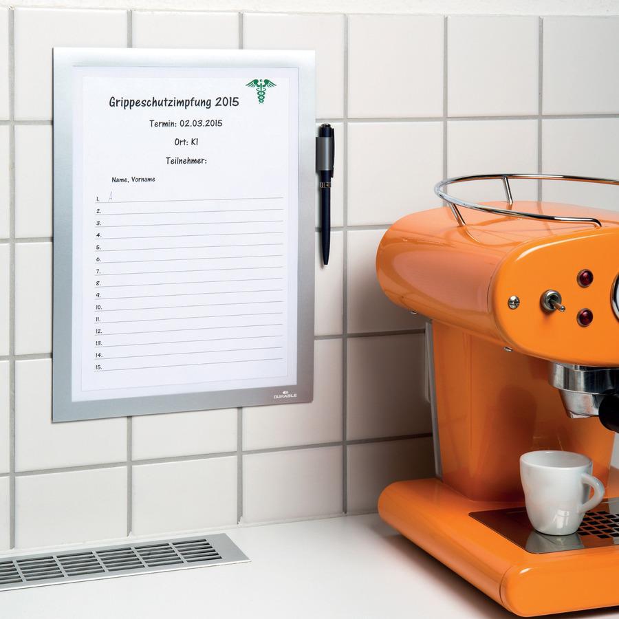 DURABLE DURAFRAME Note - Support 8.50" x 11" Media - Polyvinyl Chloride (PVC) - Silver - Self-adhesive, Magnetic, Foldable, Pen Holder - 1 Each. Picture 13