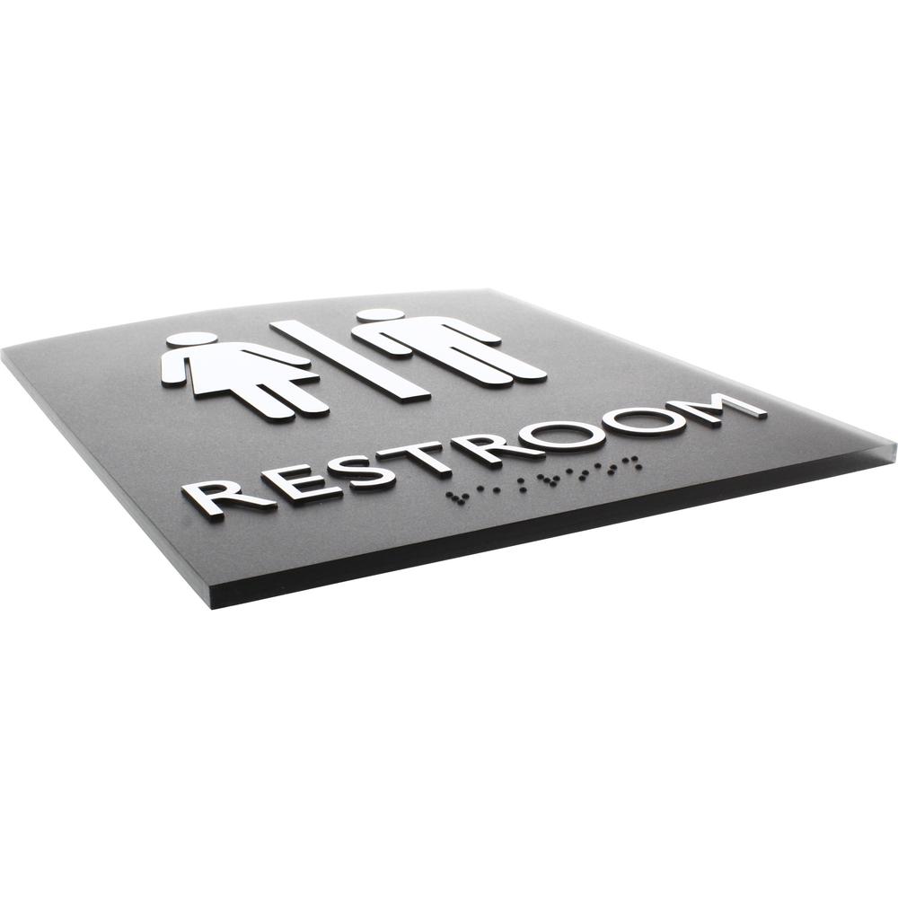 Lorell Arched Unisex Restroom Sign - 6.8" Width x 8.5" Height - Rectangular Shape - Surface-mountable - Easy Readability, Braille - Plastic - Black - 1 Each. Picture 5