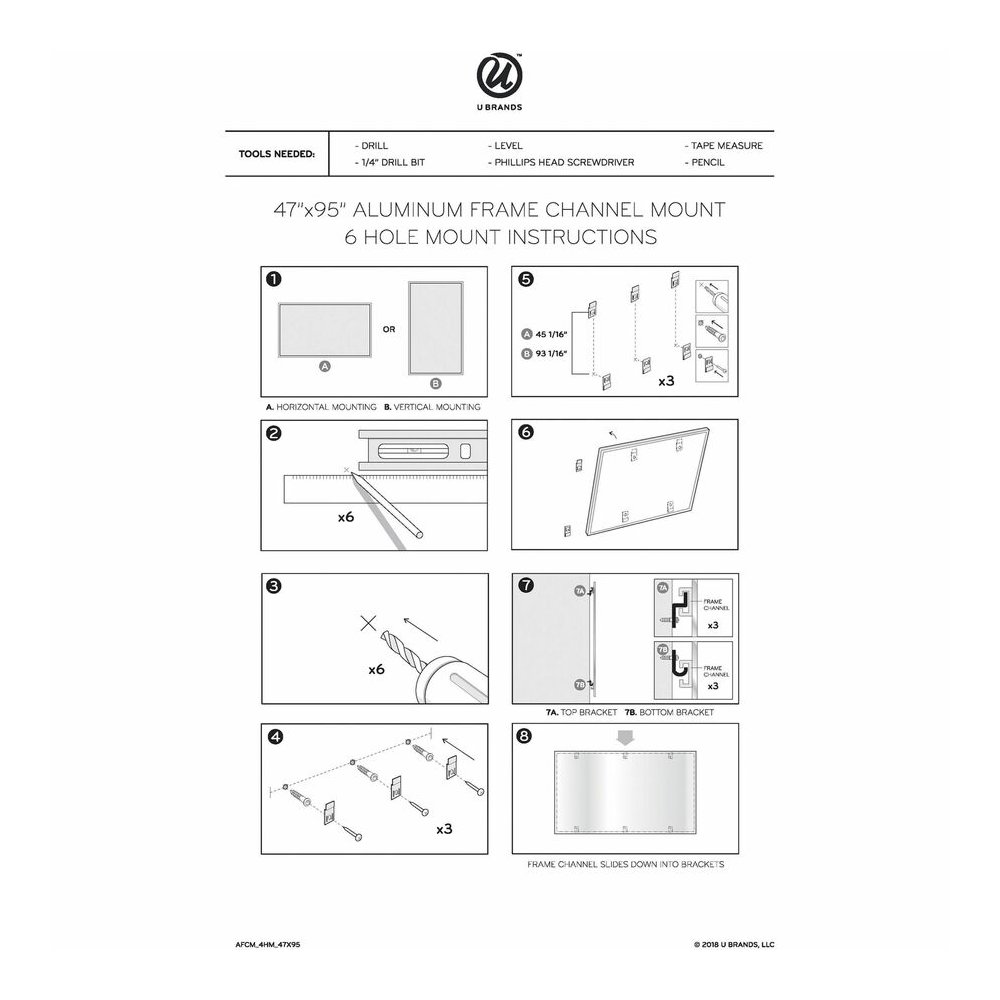 U Brands Magnetic Dry-Erase Board - 96" (8 ft) Width x 48" (4 ft) Height - White Painted Steel Surface - Silver Aluminum Frame - Rectangle - Horizontal/Vertical - Magnetic - 1 Each. Picture 5