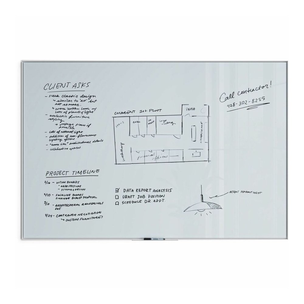 U Brands Non-Magnetic Glass Dry-Erase Board - 72" (6 ft) Width x 48" (4 ft) Height - Frosted White Tempered Glass Surface - White Aluminum Frame - Rectangle - Horizontal/Vertical - 1 Each. Picture 2