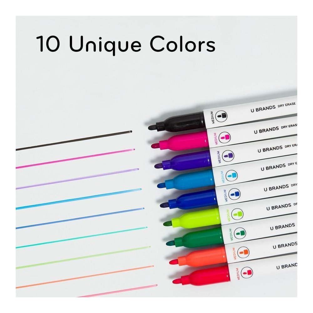 U Brands Dry-Erase Markers - Erasable - Assorted Ink - White Plastic Barrel - 10 / Pack. Picture 2