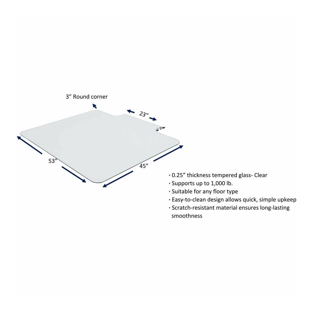 Lorell Tempered Glass Chairmat with Lip - Hardwood Floor, Carpet53" Width x 45" Depth - Lip Size 6" Length x 23" Width - Tempered Glass - Clear - 1 Each. Picture 2