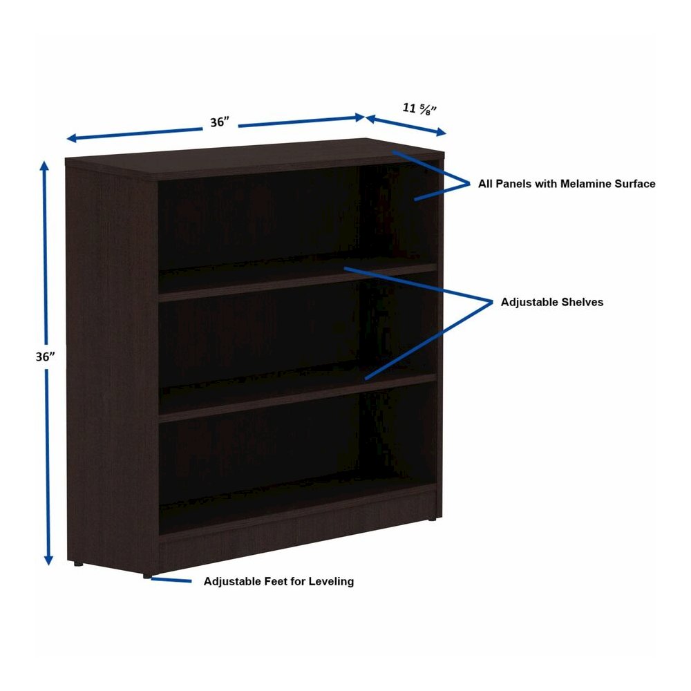 Lorell Laminate Bookcase - 36" Width x 12" Depth x 36" Height - 3 x Shelf(ves) - Laminated, Sturdy, Contemporary Style, Square Edge, Adjustable Shelf - Espresso - Medium Density Fiberboard (MDF), Lami. Picture 4