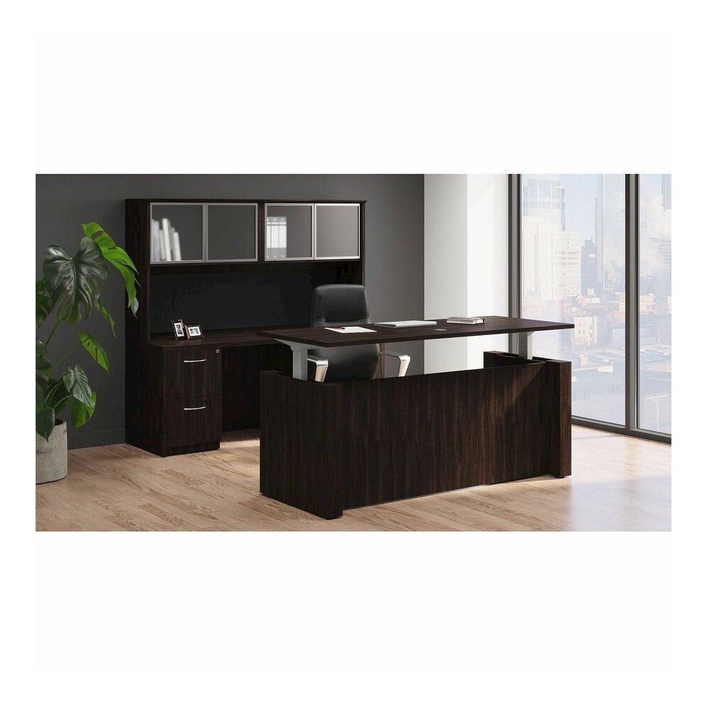 Lorell Essentials Series Credenza Shell - 29.5" Height x 66" Width x 24" Depth Credenza Shell, 1" Thickness Top - Finish: Espresso Laminate, Silver Brush - 1 Each. Picture 4