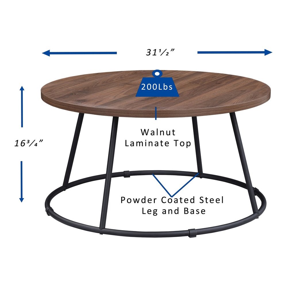 Lorell Accession Coffee Table - Walnut Round Top - Powder Coated Four Leg Base - 4 Legs - 200 lb Capacity - 1" Table Top Thickness x 31.50" Table Top Diameter - 16.75" Height - Assembly Required - Lam. Picture 4