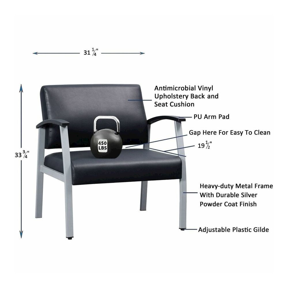 Lorell Healthcare Reception Big & Tall Antimicrobial Guest Chair - Vinyl Seat Material - Vinyl Back Material - Powder Coated Silver Frame Color - Steel Frame Material - Four-legged Base - Black, Silve. Picture 5