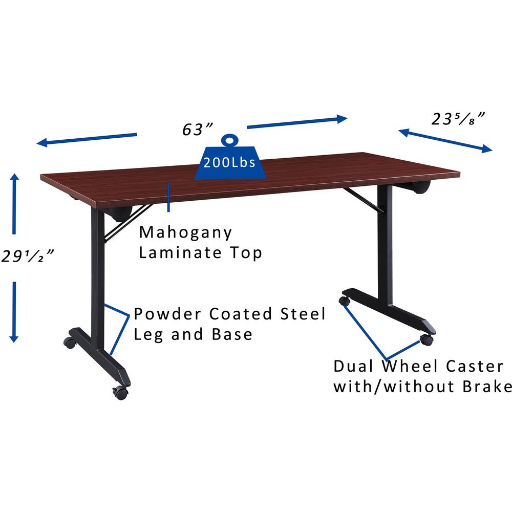 Lorell Mobile Folding Training Table - Rectangle Top - Powder Coated Base - 200 lb Capacity - 63" Table Top Width - 29.50" Height x 63" Width x 24" Depth - Assembly Required - Mahogany - Laminate Top . Picture 11