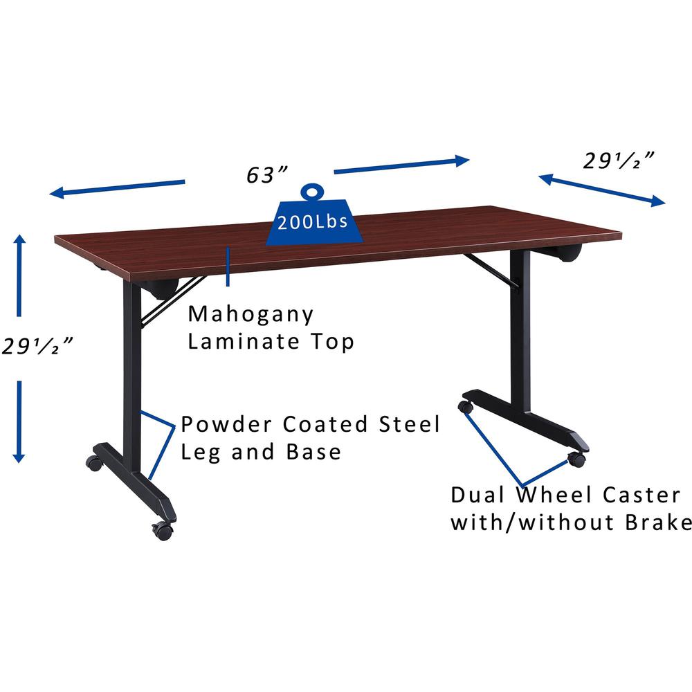 Lorell Mobile Folding Training Table - Rectangle Top - Powder Coated Base - 200 lb Capacity - 63" Table Top Width - 29.50" Height x 63" Width x 29.50" Depth - Assembly Required - Brown - Laminate Top . Picture 5