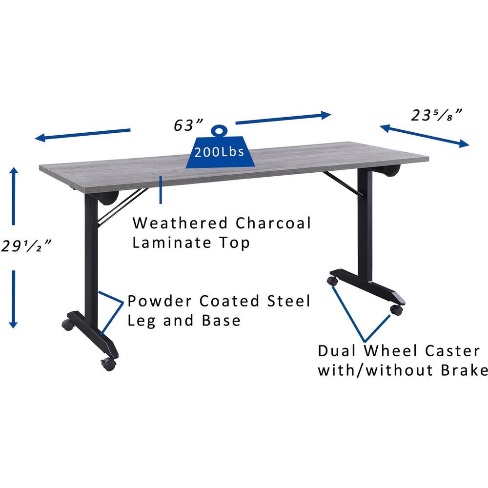 Lorell Mobile Folding Training Table - Rectangle Top - Powder Coated Base - 200 lb Capacity - 63" Table Top Width - 29.50" Height x 63" Width x 24" Depth - Assembly Required - Weathered Charcoal - Lam. Picture 9
