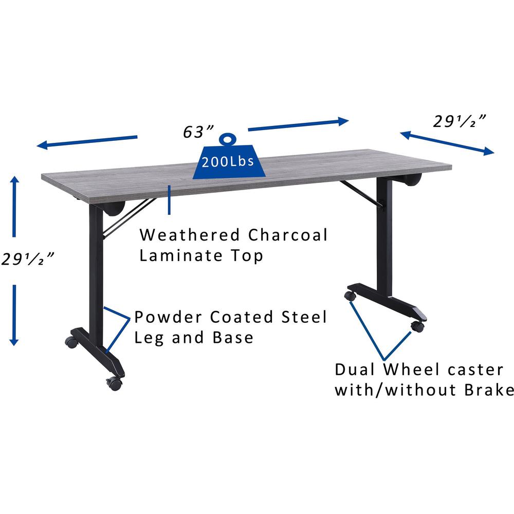 Lorell Mobile Folding Training Table - Rectangle Top - Powder Coated Base - 200 lb Capacity - 63" Table Top Width - 29.50" Height x 63" Width x 29.50" Depth - Assembly Required - Gray - Laminate Top M. Picture 2