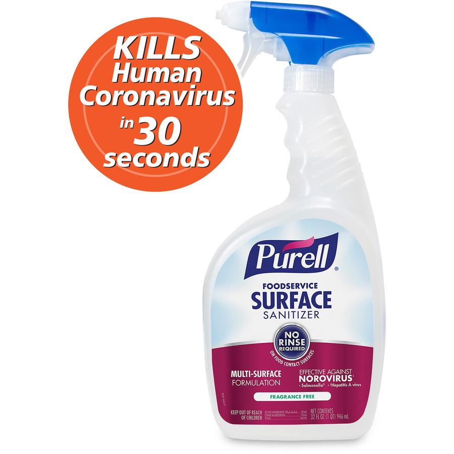 PURELL&reg; Foodservice Surface Sanitizer - 32 fl oz (1 quart)Spray Bottle - 6 / Carton - Rinse-free, Fragrance-free - Clear. Picture 7