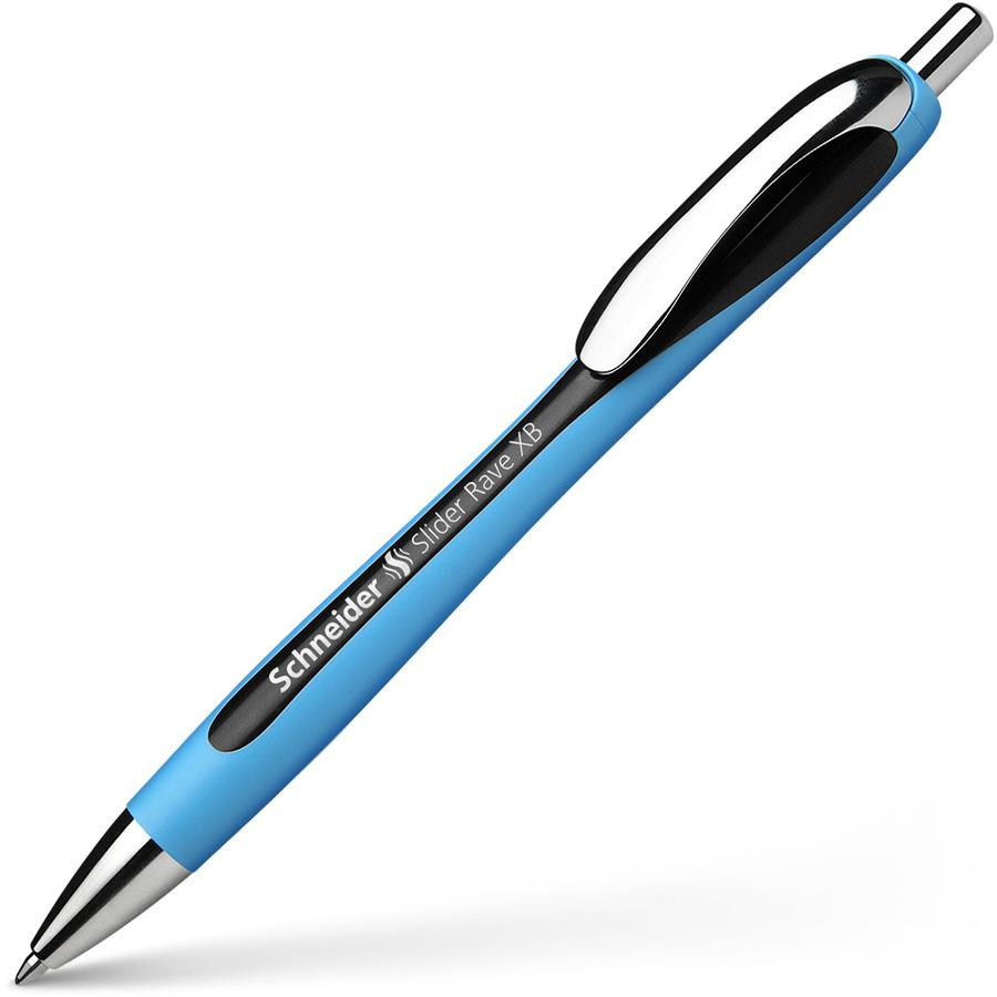 Schneider Slider Rave XB Ballpoint Pen - Retractable - Black Ink - Black Rubberized, Light Blue Barrel - Stainless Steel Tip - 5 / Pack. Picture 4