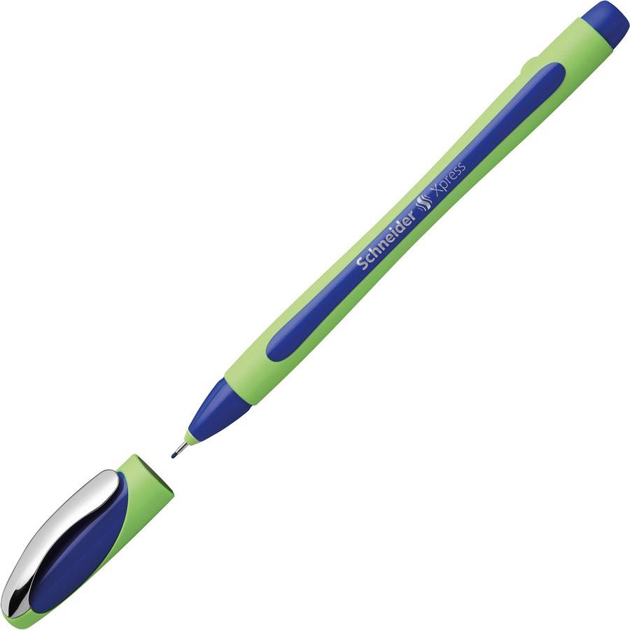 Schneider Xpress Fineliner Pen - Blue Ink - Blue Rubberized, Green Barrel - Stainless Steel Tip - 10 / Pack. Picture 6