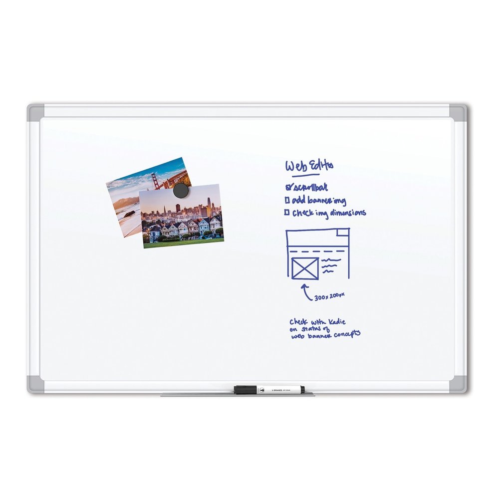 U Brands White Aluminum Framed Magnetic Porcelain Steel Board, 72" X 47" - 72" (6 ft) Width x 47" (4 ft) Height - White Porcelain Steel Surface - White Aluminum Frame - Rectangle - Horizontal/Vertical. Picture 2