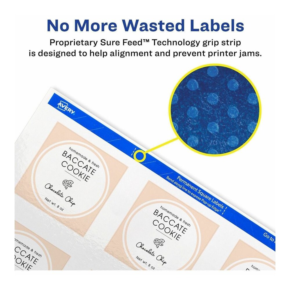 Avery&reg; Printable Square Labels, 2" x 2" , White, 120 Labels (22565) - Waterproof - x 2" Width x 2" Length - Permanent Adhesive - Square - Inkjet, Laser - Glossy - White - Paper - 12 / Sheet - 10 T. Picture 3