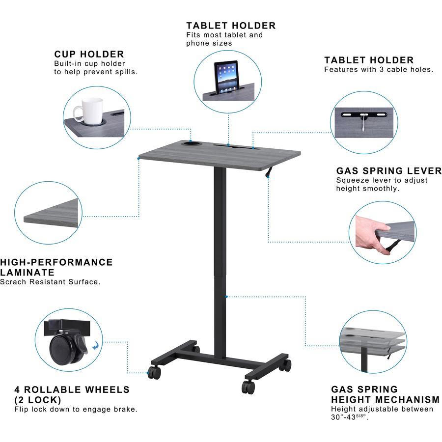 Lorell Height-adjustable Mobile Desk - Weathered Charcoal Laminate Top - Powder Coated Base - Adjustable Height - 30" to 43.63" Adjustment - 43" Height x 26.63" Width x 19.13" Depth - Assembly Require. Picture 13