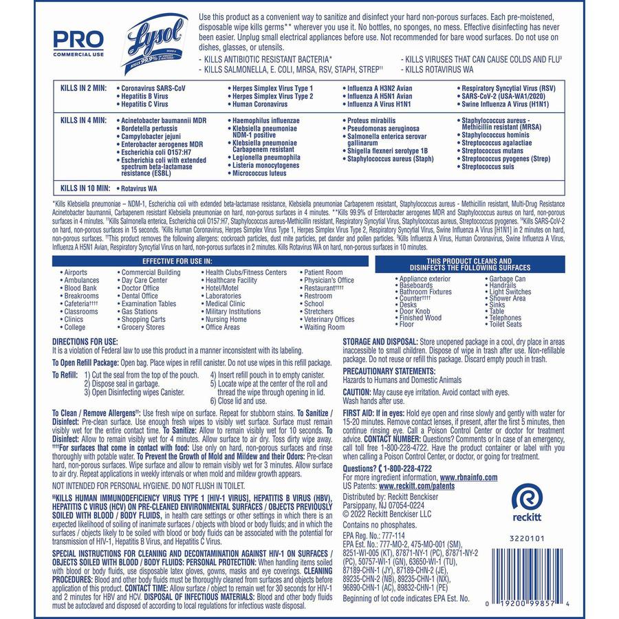 Lysol Professional Disinfecting Wipes Bucket Refill - Ready-To-Use Wipe - Lemon & Lime Blossom Scent - 800 / Each - White. Picture 7