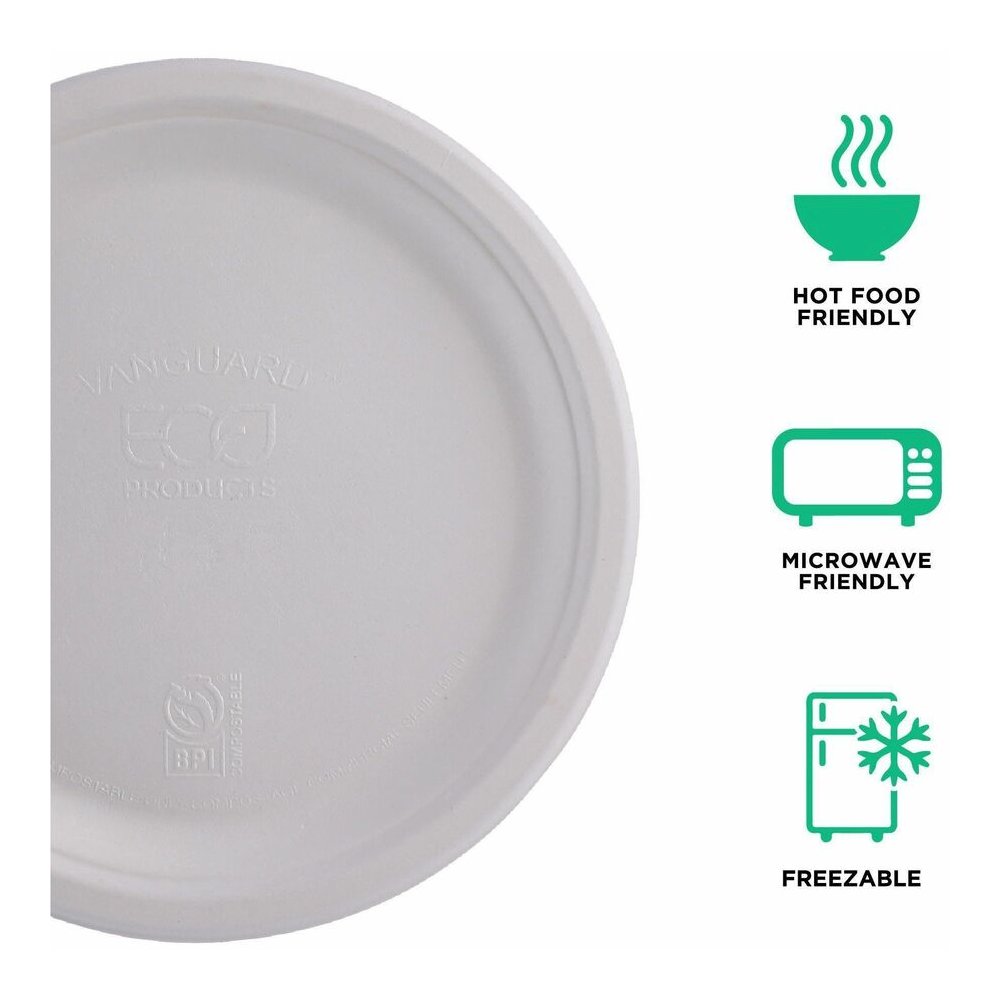 Eco-Products Vanguard 10" Sugarcane Plates - Breakroom - Disposable - Microwave Safe - 10" Diameter - White - Sugarcane Fiber Body - 500 / Carton. Picture 7