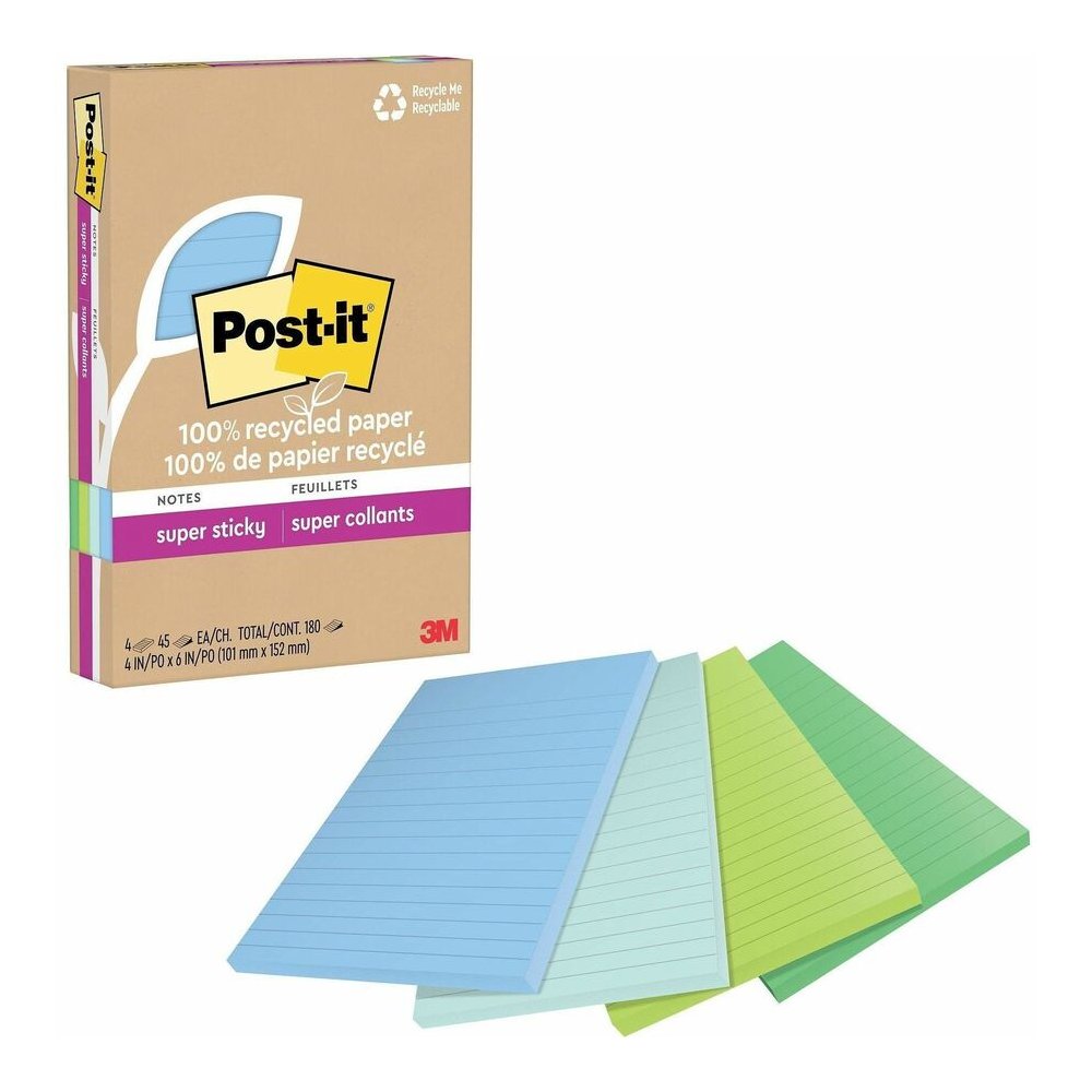 Post-it&reg; Super Sticky Adhesive Note - 180 - 4" Flag/Note Width x 6" Flag/Note Length - 45 Sheets per Pad - Assorted Oasis - Removable, Repositionable, Recyclable - Recycled - 4 / Pack. Picture 2