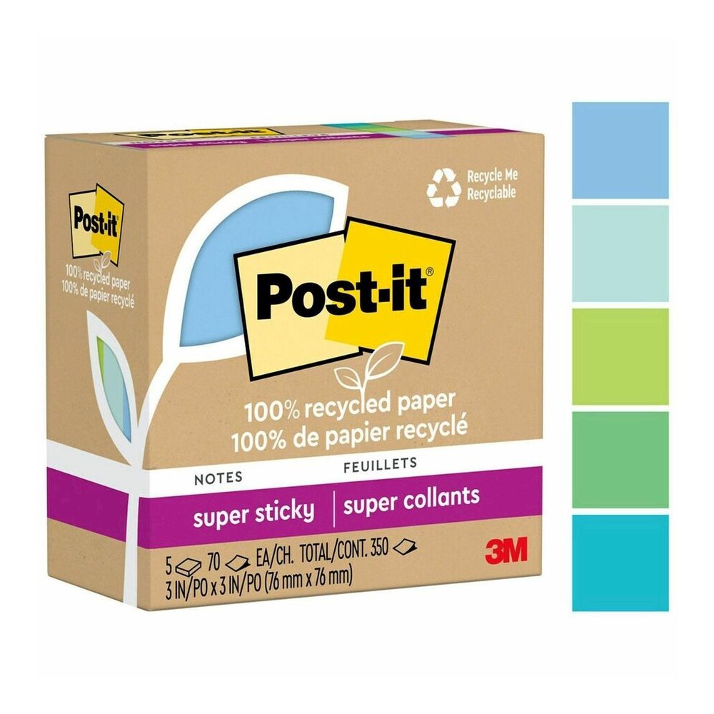 Post-it&reg; Super Sticky Adhesive Note - 350 - 3" Flag/Note Width x 3" Flag/Note Length - Square - 70 Sheets per Pad - Assorted Oasis - Removable, Repositionable, Recyclable - Recycled - 5 / Pack. Picture 2