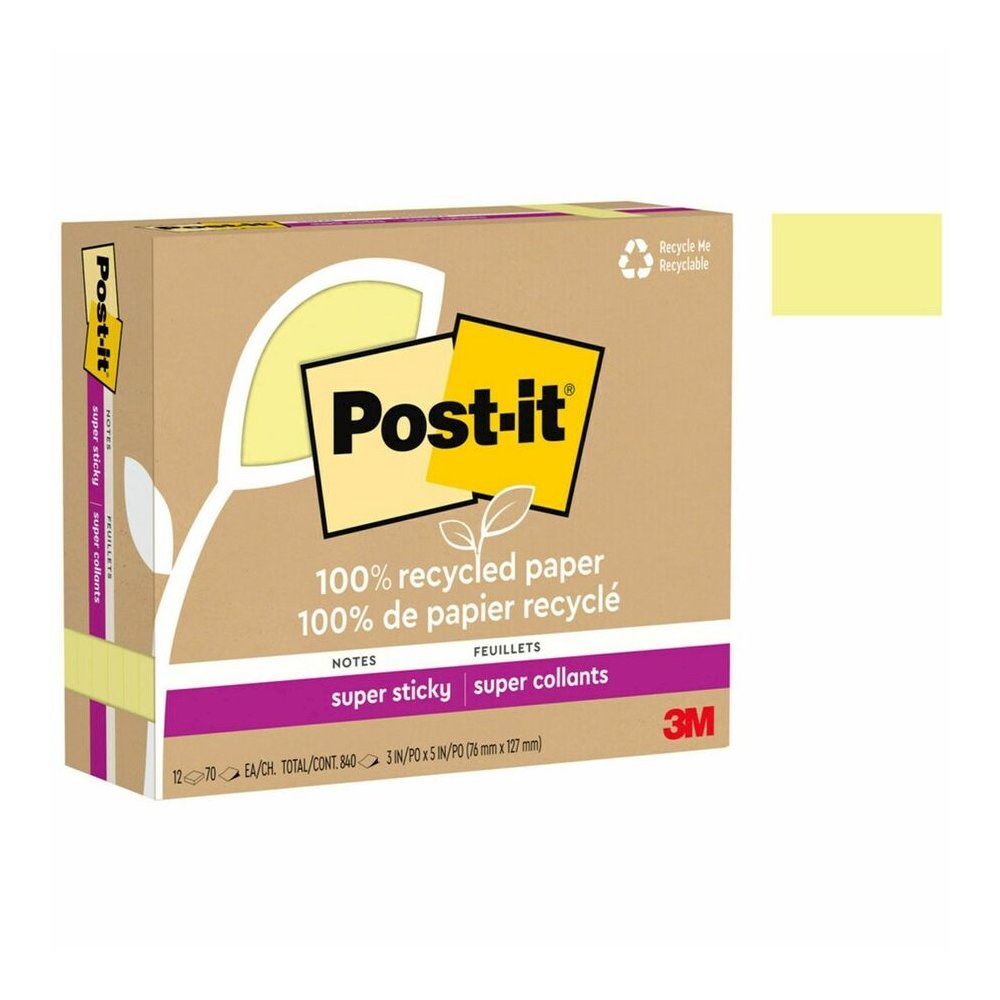 Post-it&reg; Recycled Super Sticky Notes - 90 - 3" Flag/Note Width x 5" Flag/Note Length - Rectangle - 70 Sheets per Pad - Canary Yellow - Adhesive - Recycled - 12 / Pack. Picture 2
