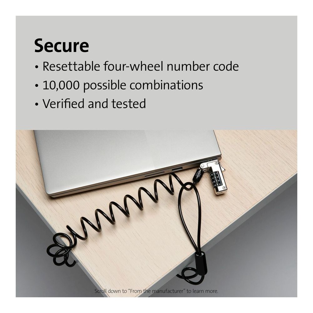 Kensington Slim Portable Combination Lock - 5.91 ft Cable - Resettable - 4-digit - Combination Lock - Black - Carbon Steel, Plastic - For Notebook - Self-coiling. Picture 2