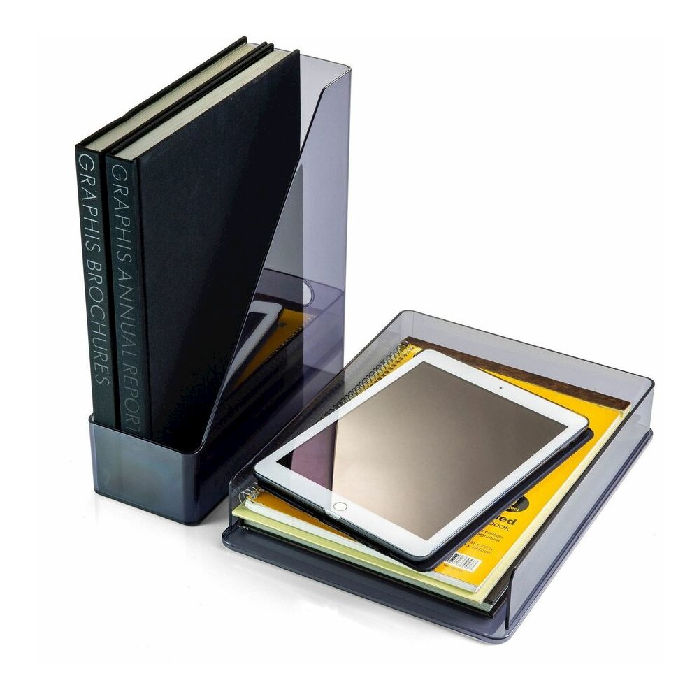 Officemate 26115 Recycled Desktop Set, Letter Tray and Magazine File, Gray - Desktop - Front Loading, Durable, Sturdy - Translucent Gray - Plastic - 1 Each. Picture 2