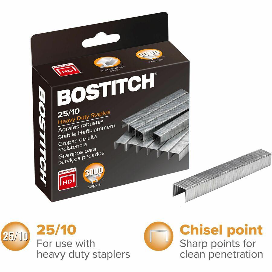 Bostitch Heavy-Duty Staples - High Capacity - 3/8" Leg - 1/2" Crown - Holds 65 Sheet(s) - Silver - 2.5" Height x 1.1" Width x 3" Length - 125 Per Strip - 3000 / Box. Picture 3