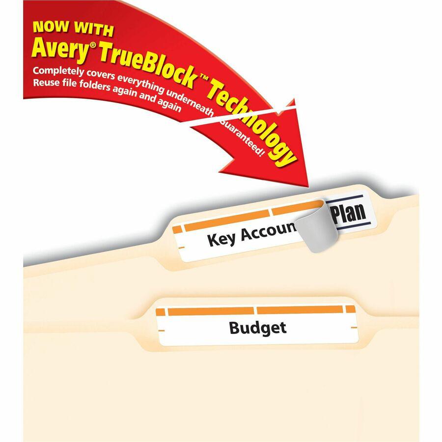 Avery&reg; TrueBlock File Folder Labels - 2/3" Width x 3 7/16" Length - Permanent Adhesive - Rectangle - Inkjet, Laser - Matte - Orange - Paper - 30 / Sheet - 25 Total Sheets - 750 Total Label(s) - 75. Picture 9