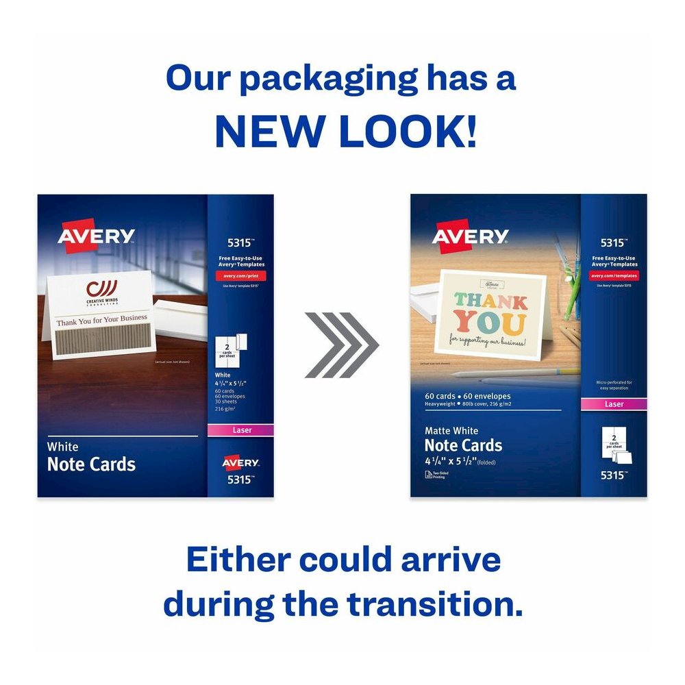 Avery&reg; Printable Note Cards, Two-Sided Printing, 4-1/4" x 5-1/2" , 60 Cards (5315) - 97 Brightness - 4 1/4" x 5 1/2" - 80 lb Basis Weight - 216 g/m² Grammage - Matte - Perforated, Heavyweight. Picture 2