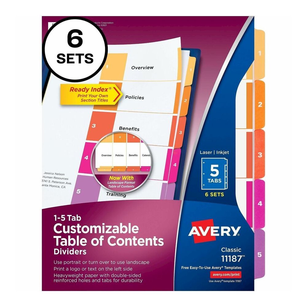 Avery Ready Index 5 Tab Dividers, Customizable TOC, 6 Sets (11187) - 30 x Divider(s) - 30 Tab(s) - Digit - 1-5 - 5 Tab(s)/Set - 8.5" Divider Width x 11" Divider Length - 3 Hole Punched - White Paper D. Picture 2