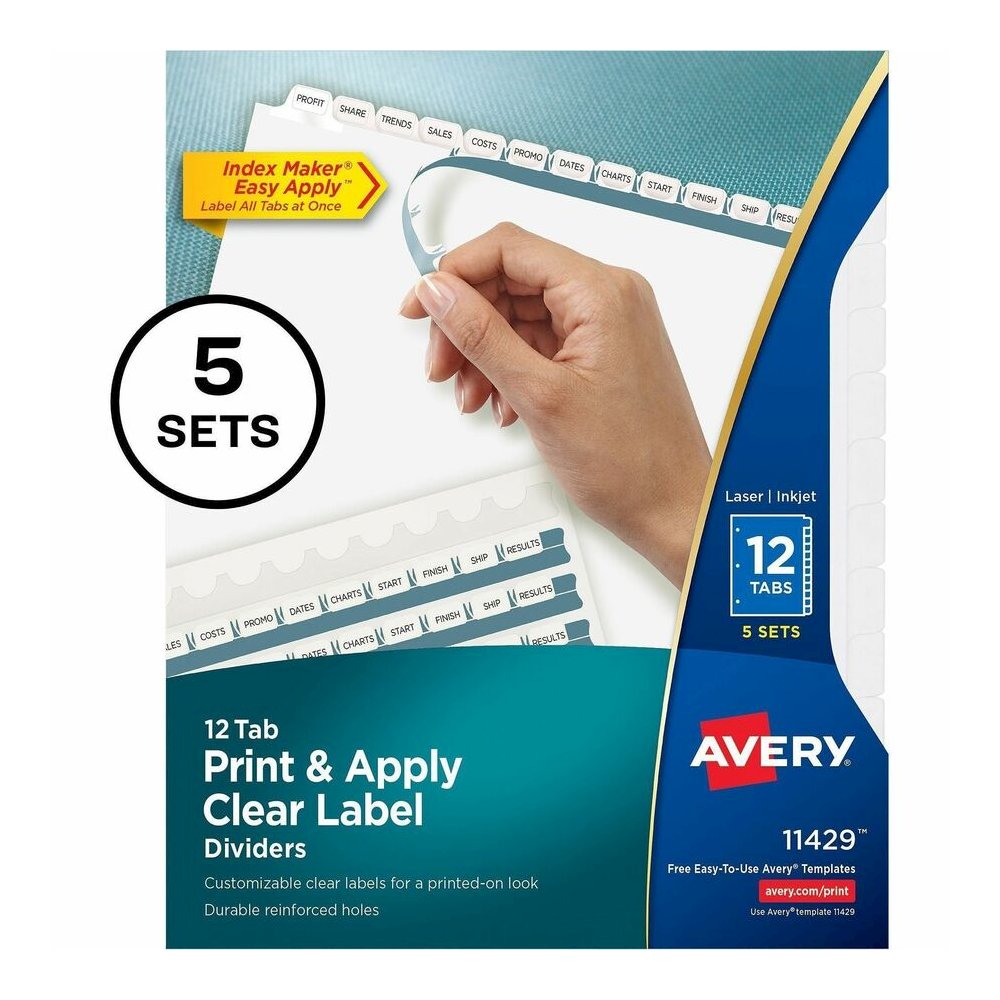Avery 12 Tab Print & Apply Dividers, Index Maker(R), 5 Sets (11429) - 5 x Divider(s) - 60 Print-on Tab(s) - 12 Tab(s)/Set - 8.5" Divider Width x 11" Divider Length - 3 Hole Punched - White Paper Divid. Picture 2
