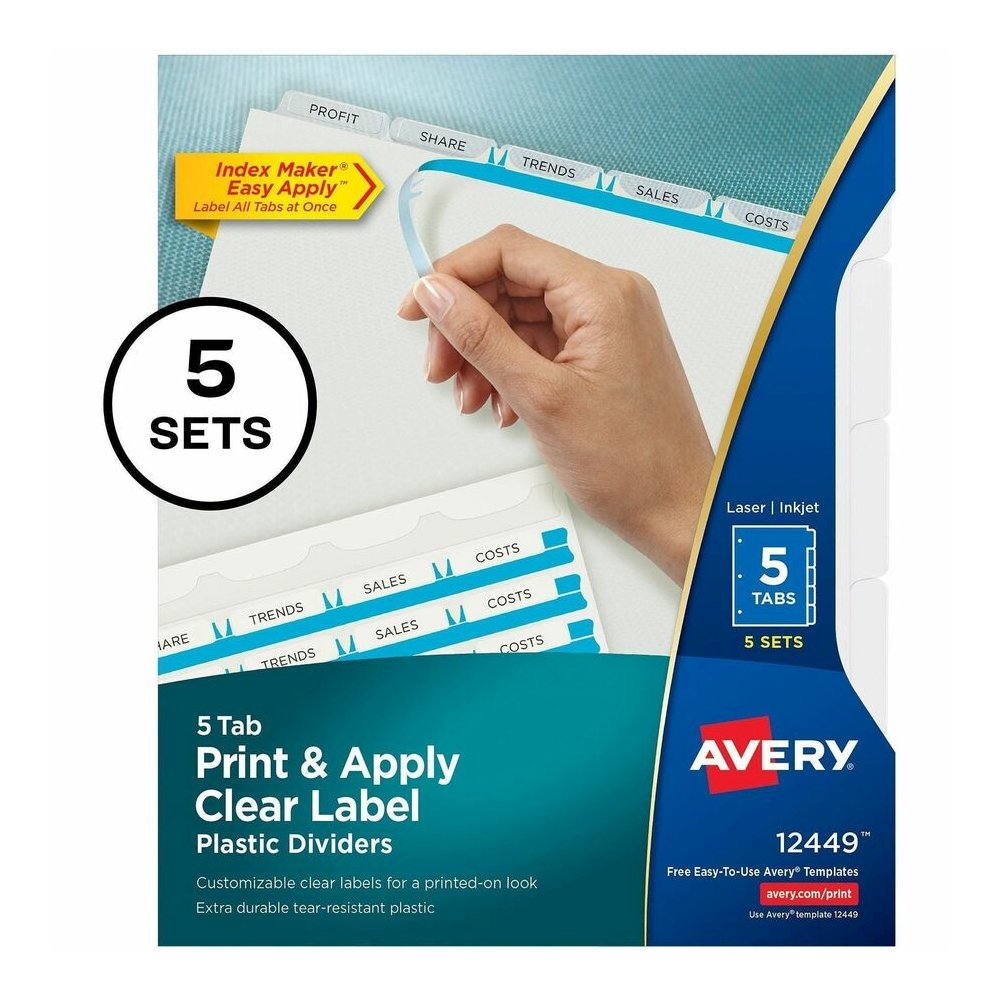 Avery&reg; Print & Apply Translucent Dividers - 25 x Divider(s) - Print-on Tab(s) - 5 - 5 Tab(s)/Set - 8.5" Divider Width x 11" Divider Length - 3 Hole Punched - Translucent Plastic Divider - Frosted . Picture 2