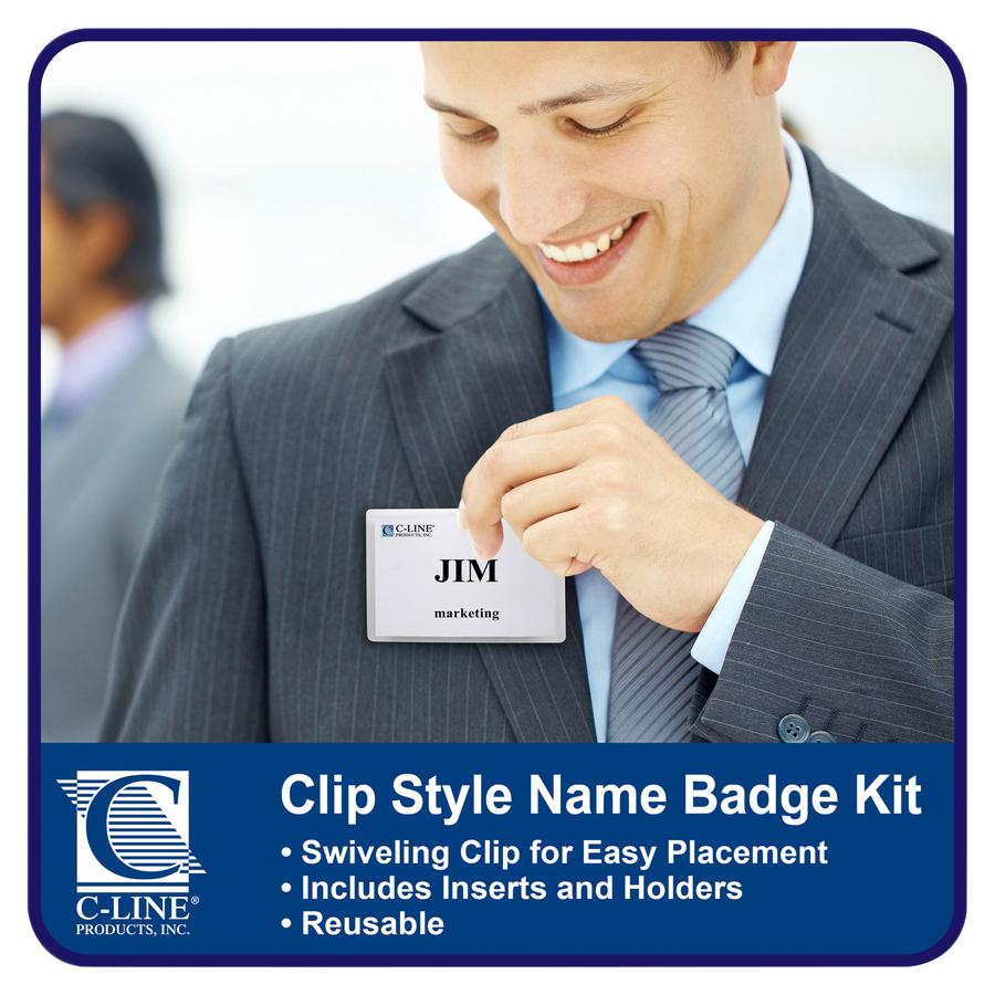C-Line Laser/Inkjet Clip Style Badge Holder Kits - 3" Height x 4" Width - Vinyl - Clear - 50 / Box. Picture 4